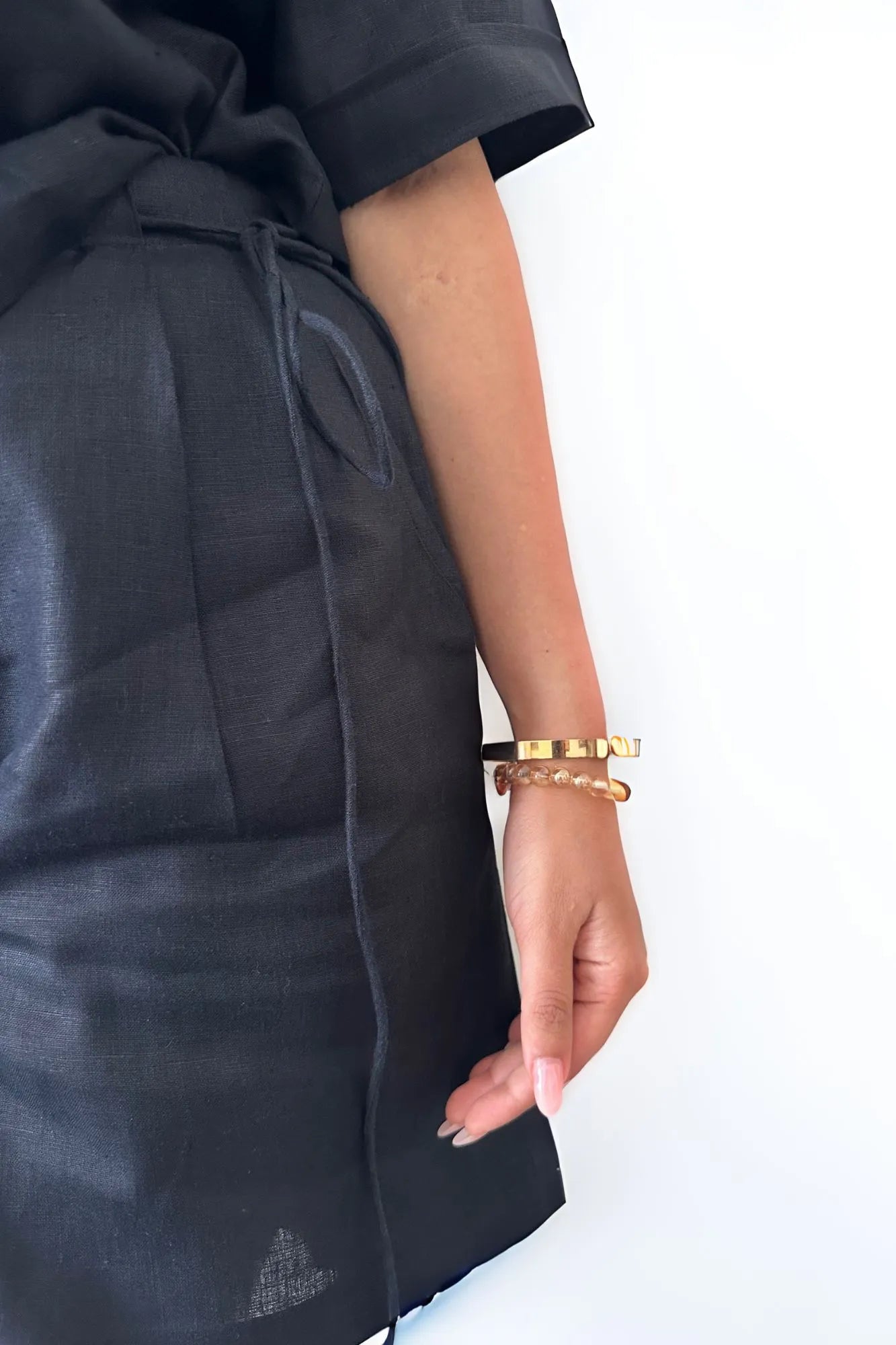 Casual Hemp Shorts With Side Tying String In Truffle Black