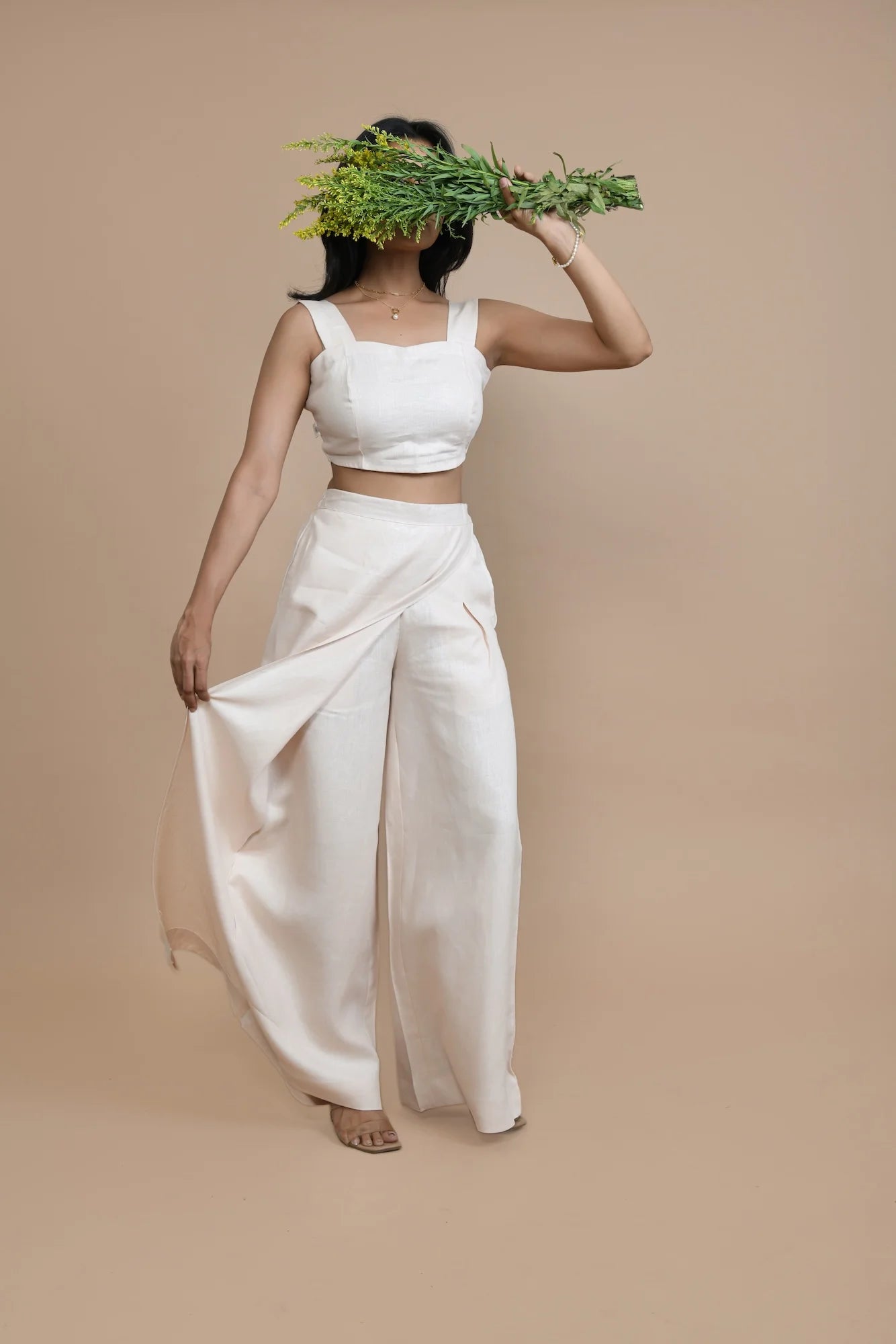 Breezy Relaxed Fit Pants With Fixed Wrap Flap In Hemp Fabric