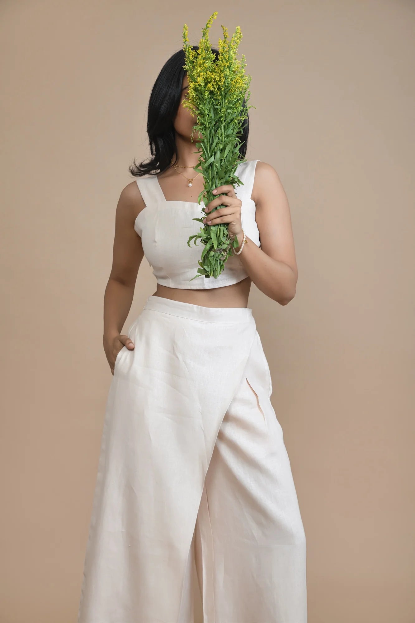 Breezy Relaxed Fit Pants With Fixed Wrap Flap In Hemp Fabric