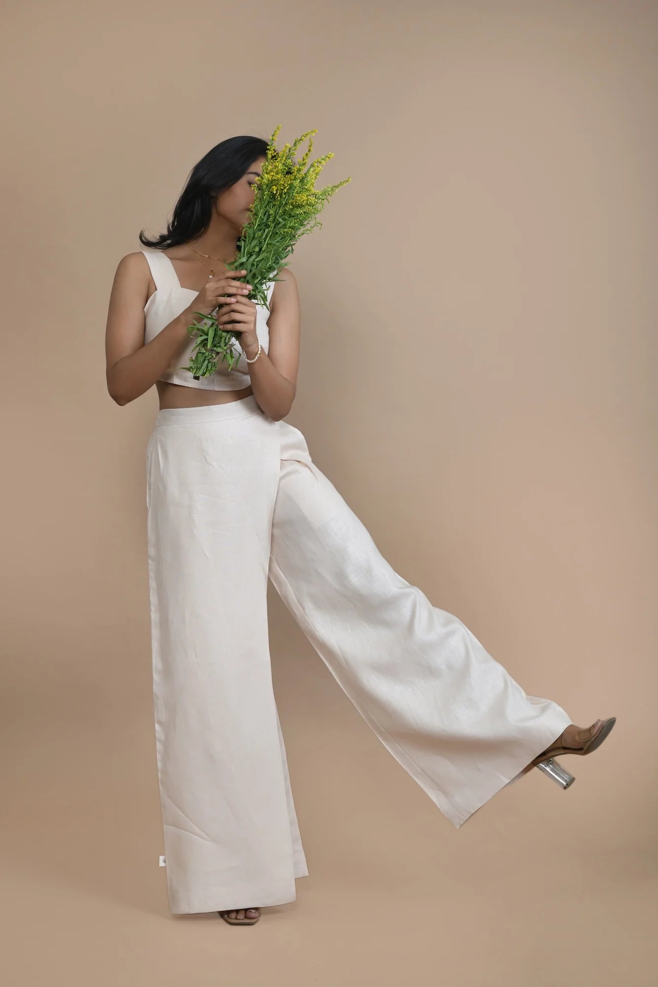 Breezy Relaxed Fit Pants With Fixed Wrap Flap In Hemp Fabric