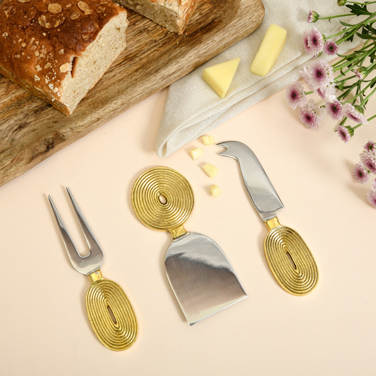 Brass Cheese Knife Set of 3 | Ekaantrik - Concentric design