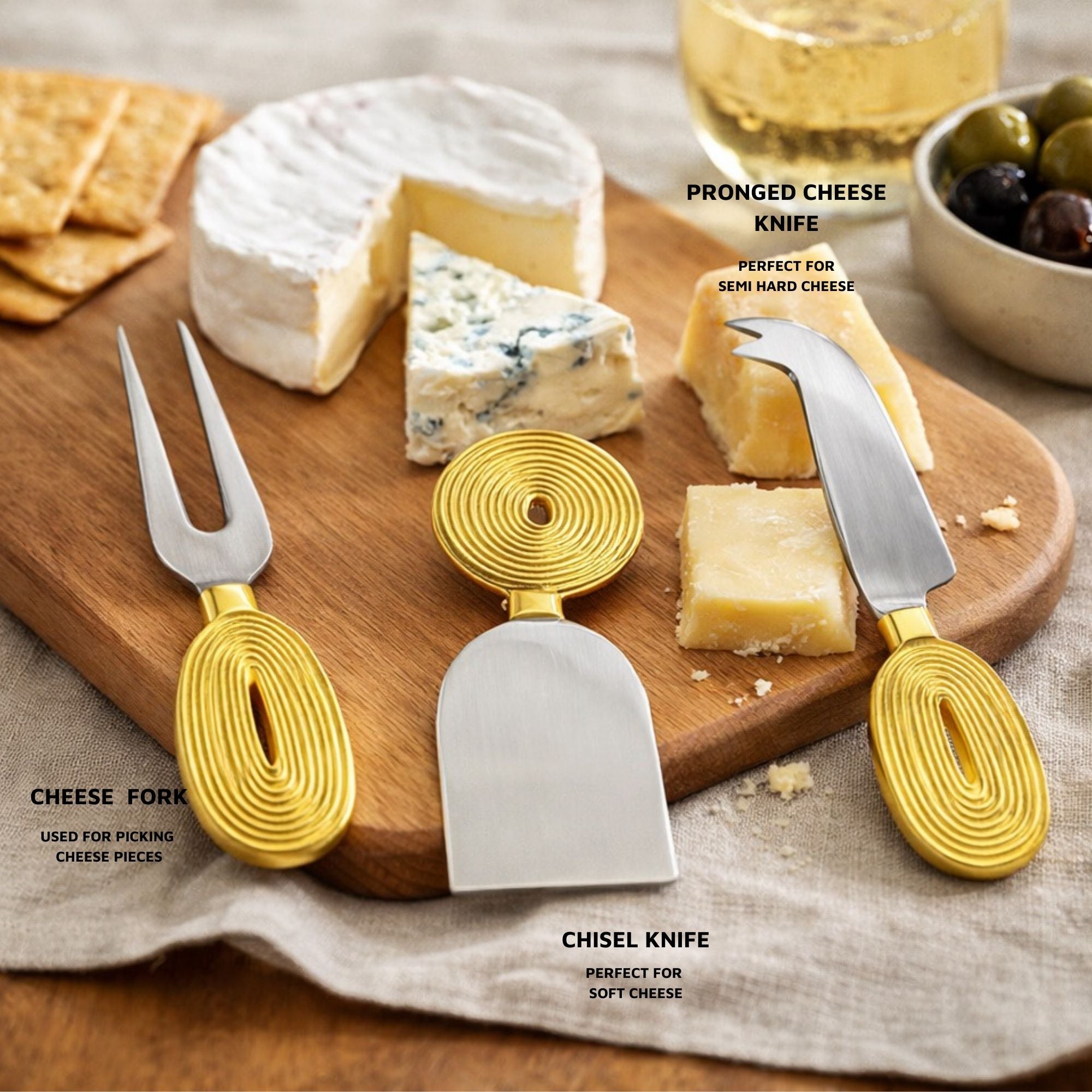 Brass Cheese Knife Set of 3 | Ekaantrik - Concentric design