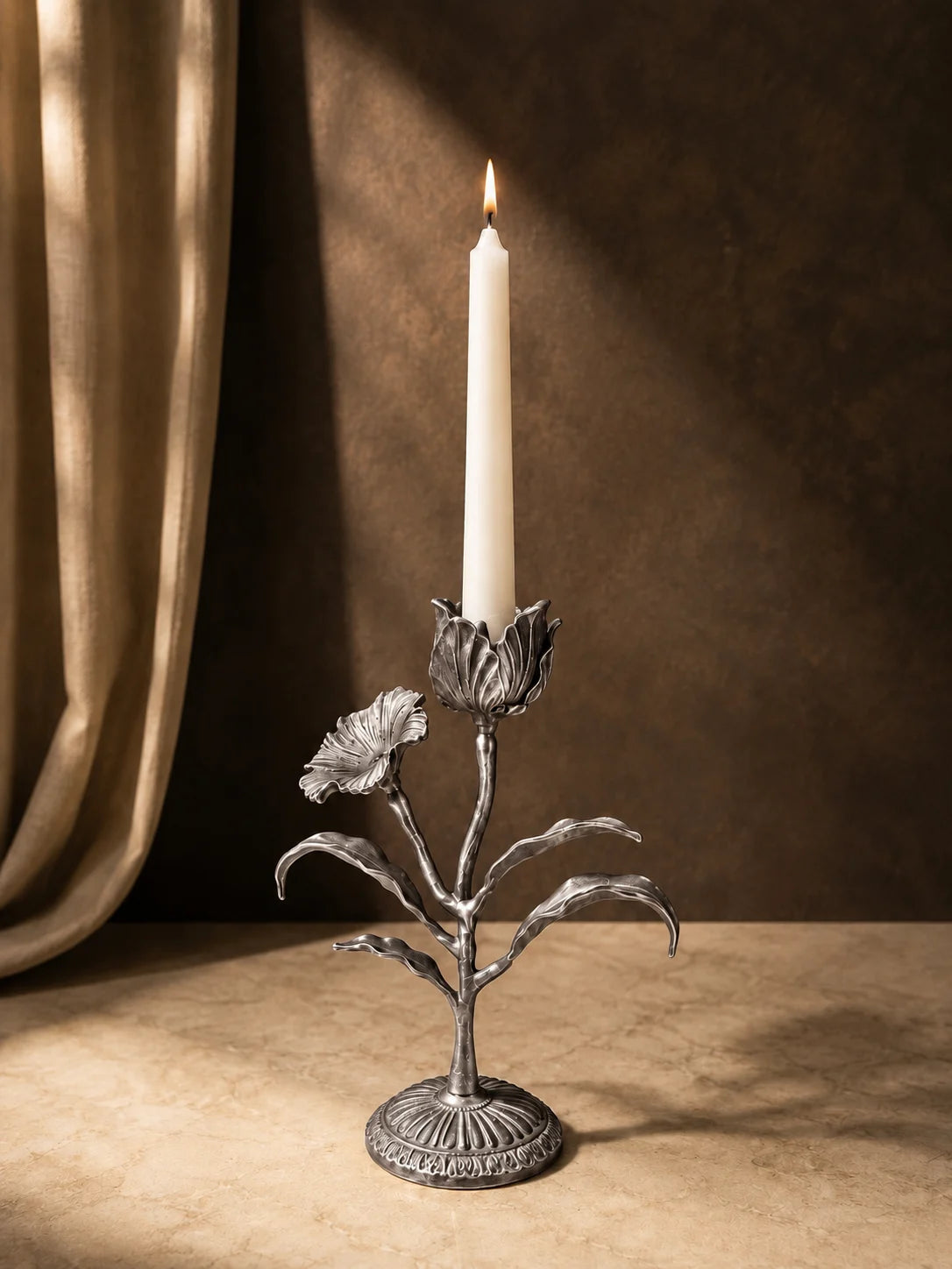 Malar Candle Stand | Blooming Tulip Brass Candle Holder | Silver Finish