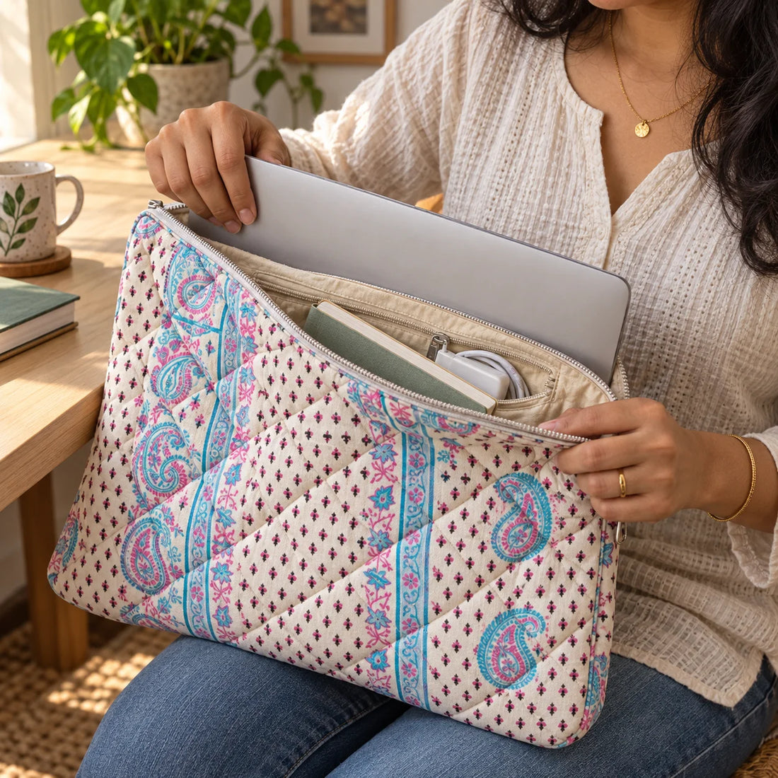 Quilted Cotton Laptop Sleeve with Zip Pocket, 13 &amp; 15 Inch | Punh Pravaah