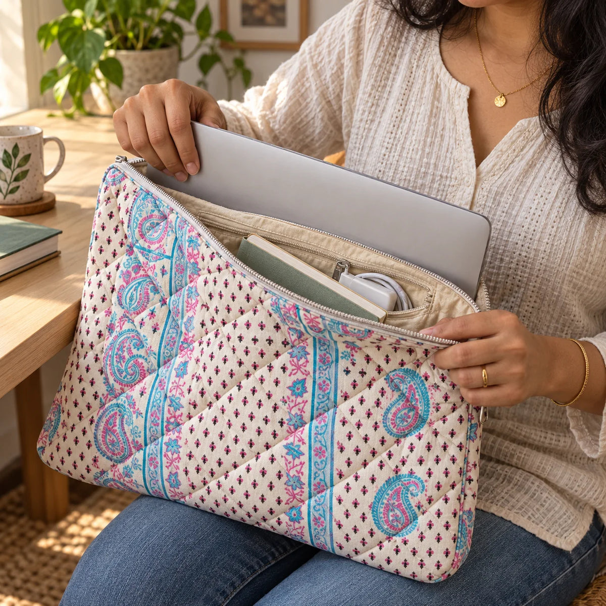 Quilted Cotton Laptop Sleeve with Zip Pocket, 13 &amp; 15 Inch | Punh Pravaah