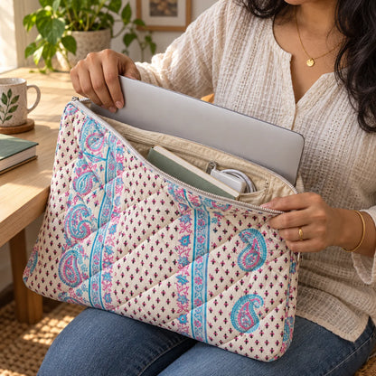 Quilted Cotton Laptop Sleeve with Zip Pocket, 13 &amp; 15 Inch | Punh Pravaah