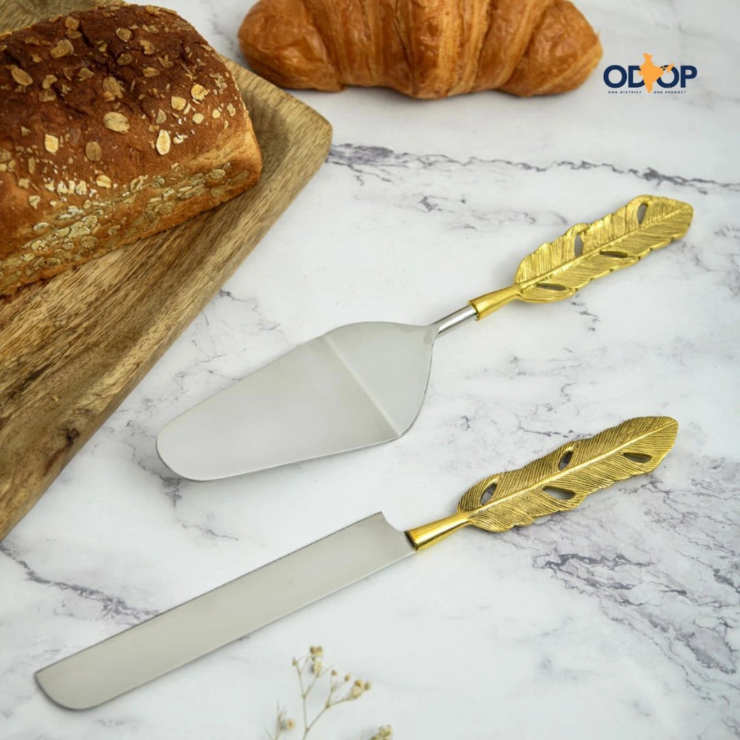 Brass Cake and Knife Server Set | Punkh - Feather Handle