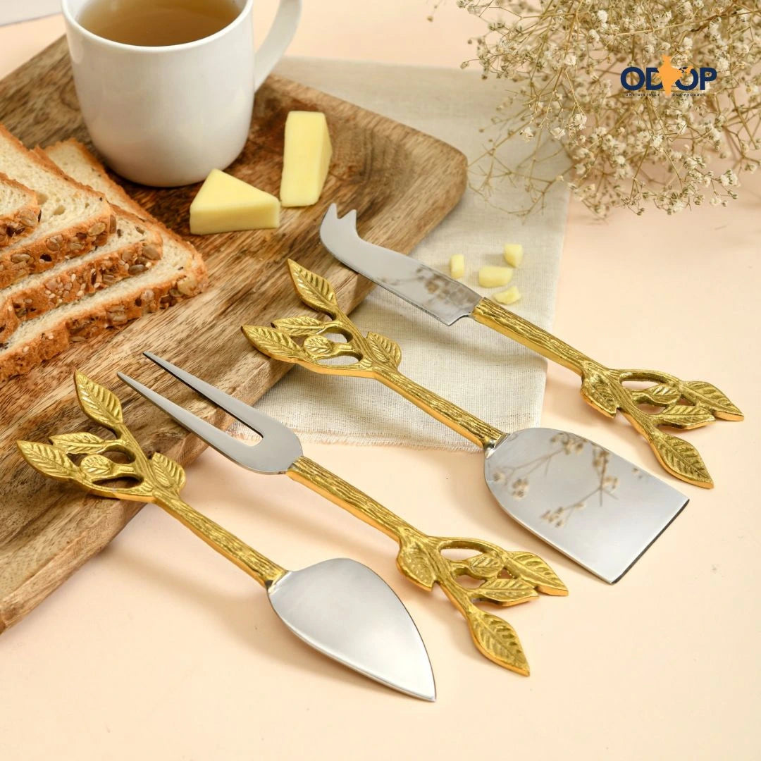 Patram Cheese and Serving Knives | Stainless Steel and Lead-Free Brass | Lead Design | Set of 4