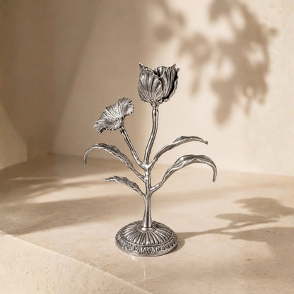 Malar Candle Stand | Blooming Tulip Brass Candle Holder | Silver Finish