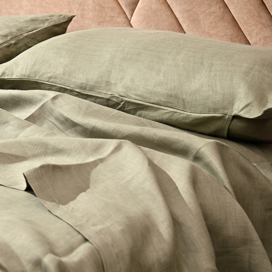 King Size Olive Green Hemp Bedsheet Set - Bugyal