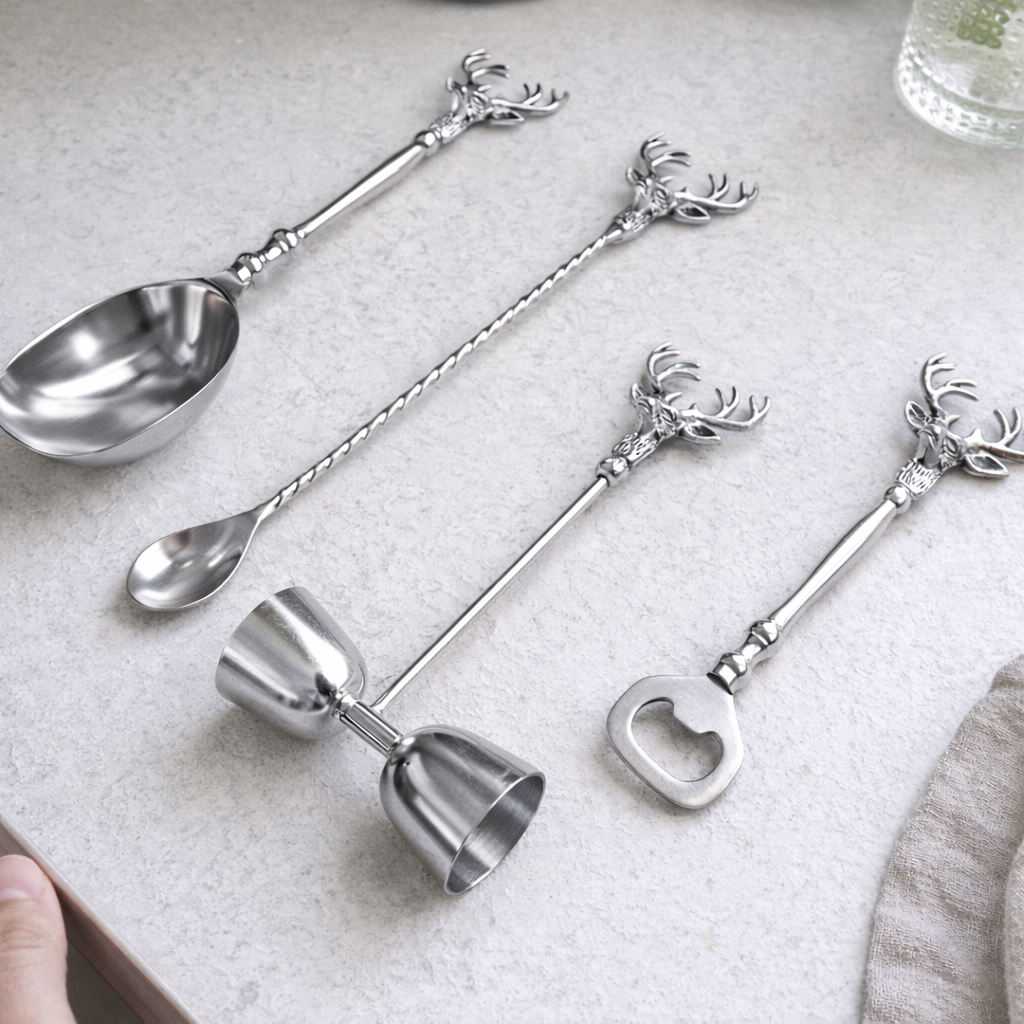 Saarang Bar Set | Lead-free Brass | Set of 4 | Chrome