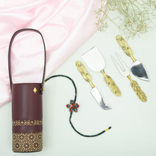 Load image into Gallery viewer, Wine and Cheese Hamper | Vegan leather wine holder with Brass Cheese knives
