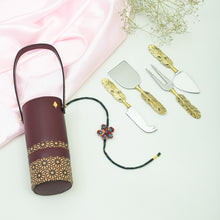Load image into Gallery viewer, Wine and Cheese Hamper | Vegan leather wine holder with Brass Cheese knives
