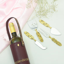 Load image into Gallery viewer, Wine and Cheese Hamper | Vegan leather wine holder with Brass Cheese knives

