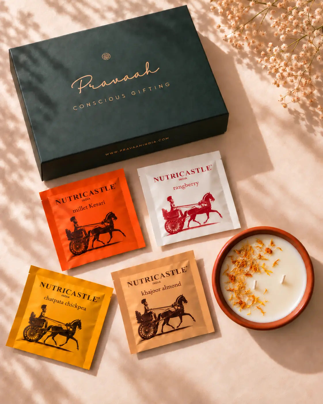 Food &amp; Fragrance Gift Box | Soy Candle &amp; Gourmet Bites Diwali Hamper