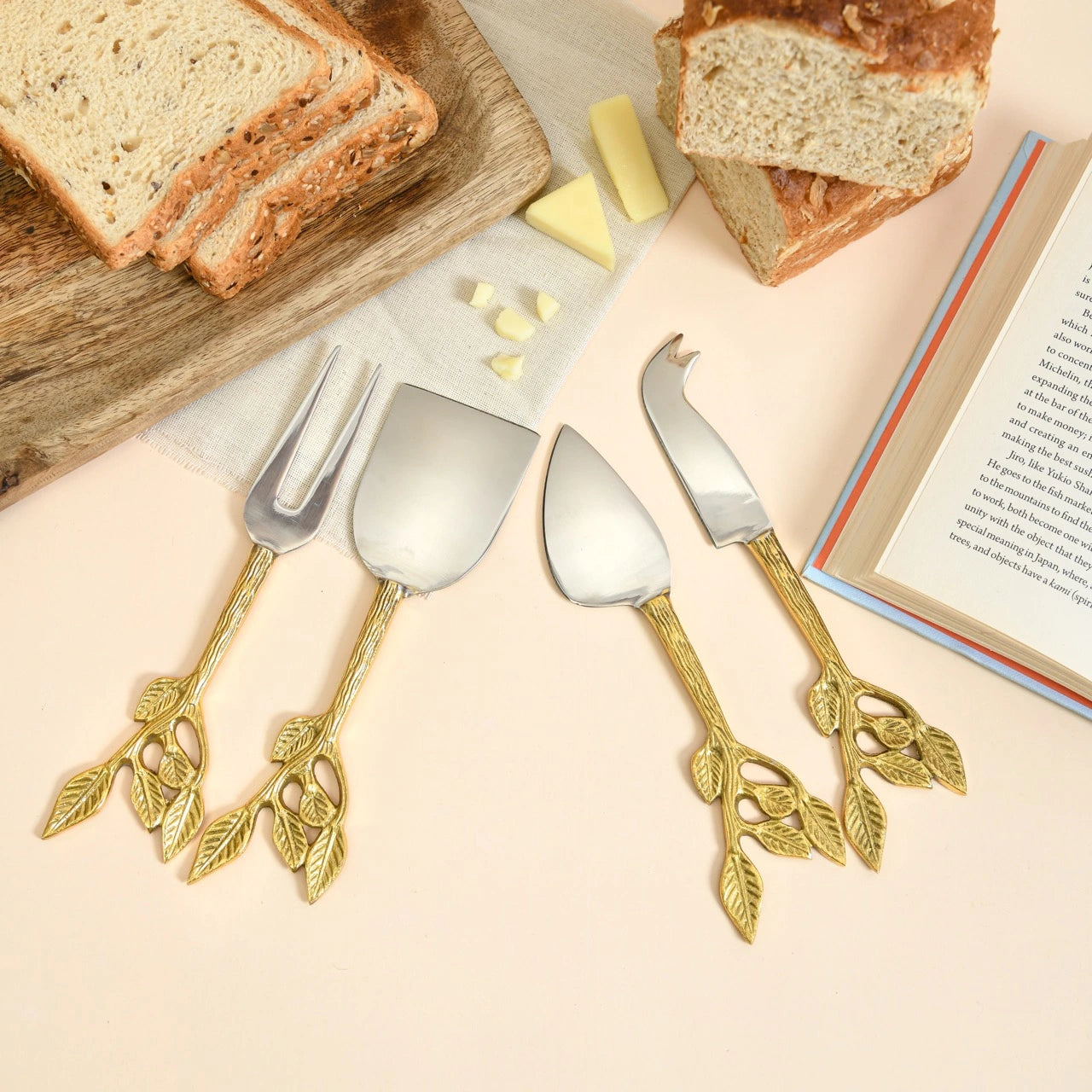 Patram Cheese and Serving Knives | Stainless Steel and Lead-Free Brass | Lead Design | Set of 4