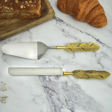 Load image into Gallery viewer, Brass Cake and Knife Server Set | Punkh - Feather Handle
