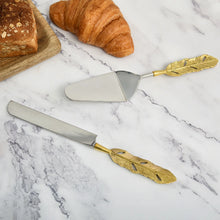 Load image into Gallery viewer, Brass Cake and Knife Server Set | Punkh - Feather Handle
