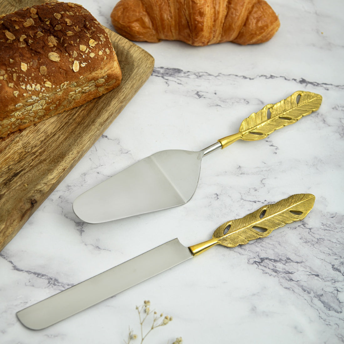 Brass Cake and Knife Server Set | Punkh - Feather Handle