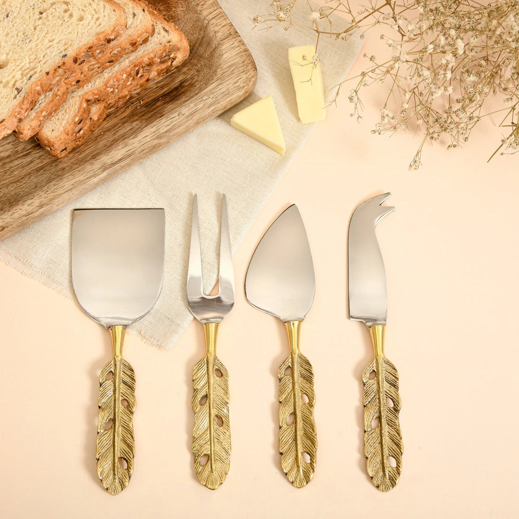 Brass 4-piece Cheese Knife Set | Punkh - Feather Handle