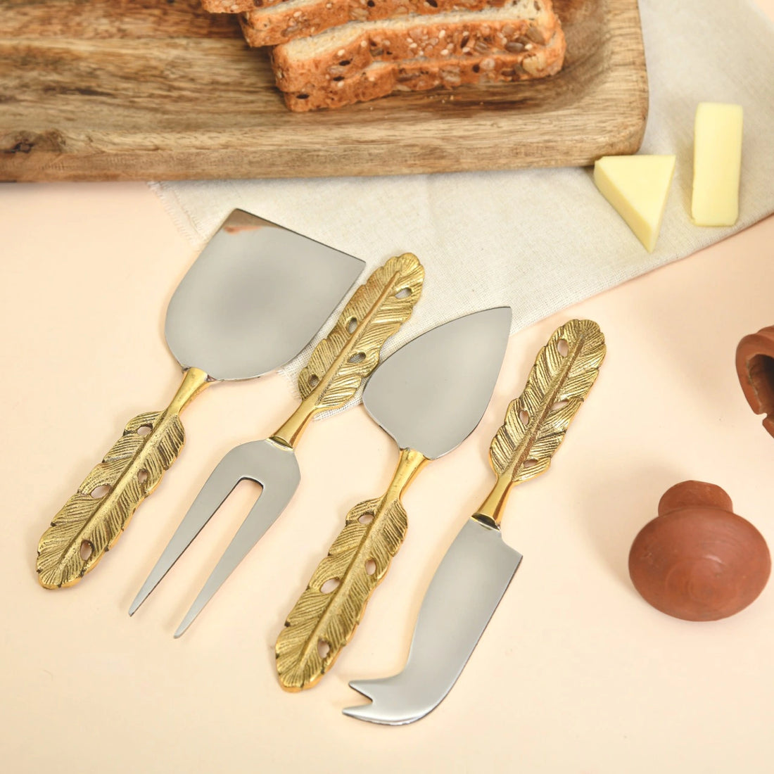 Brass 4-piece Cheese Knife Set | Punkh - Feather Handle