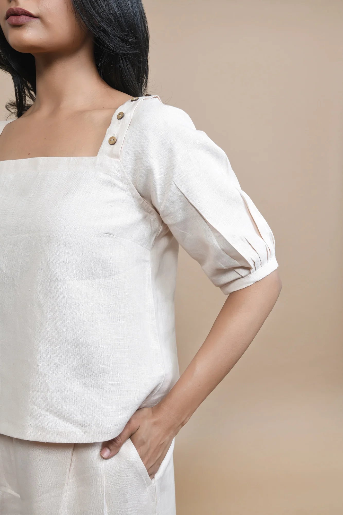 Detachable Sleeve Hemp Top In Peach Multi Functional Fashion