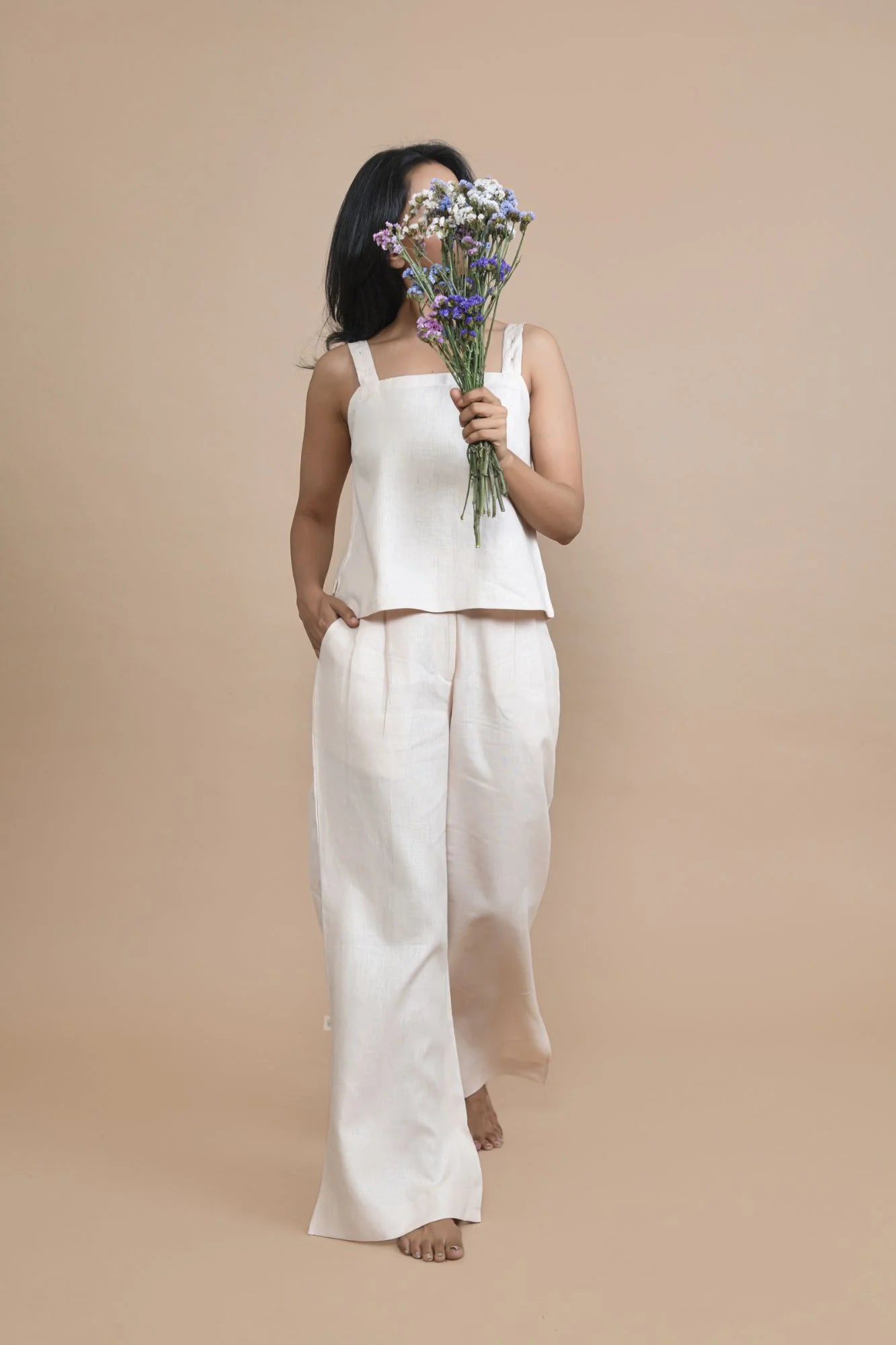 Peach Slit Flare Trousers In Breathable Hemp Fabric