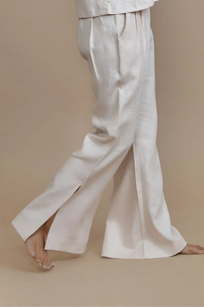 Peach Slit Flare Trousers In Breathable Hemp Fabric