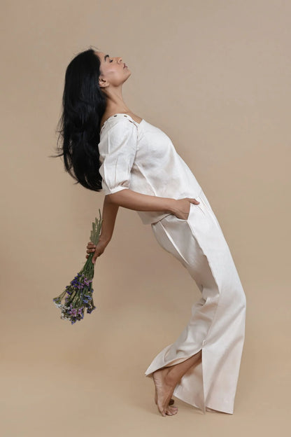 Peach Slit Flare Trousers In Breathable Hemp Fabric