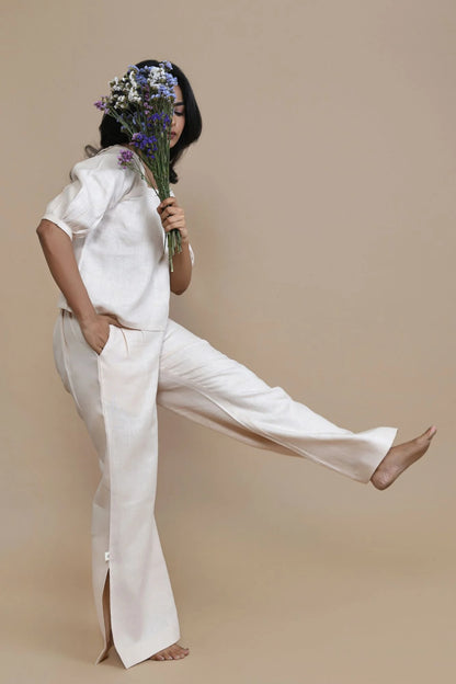 Peach Slit Flare Trousers In Breathable Hemp Fabric