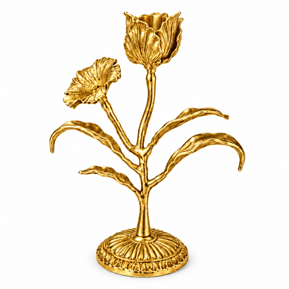Malar Candle Stand | Blooming Tulip Brass Candle Holder | Gold Finish