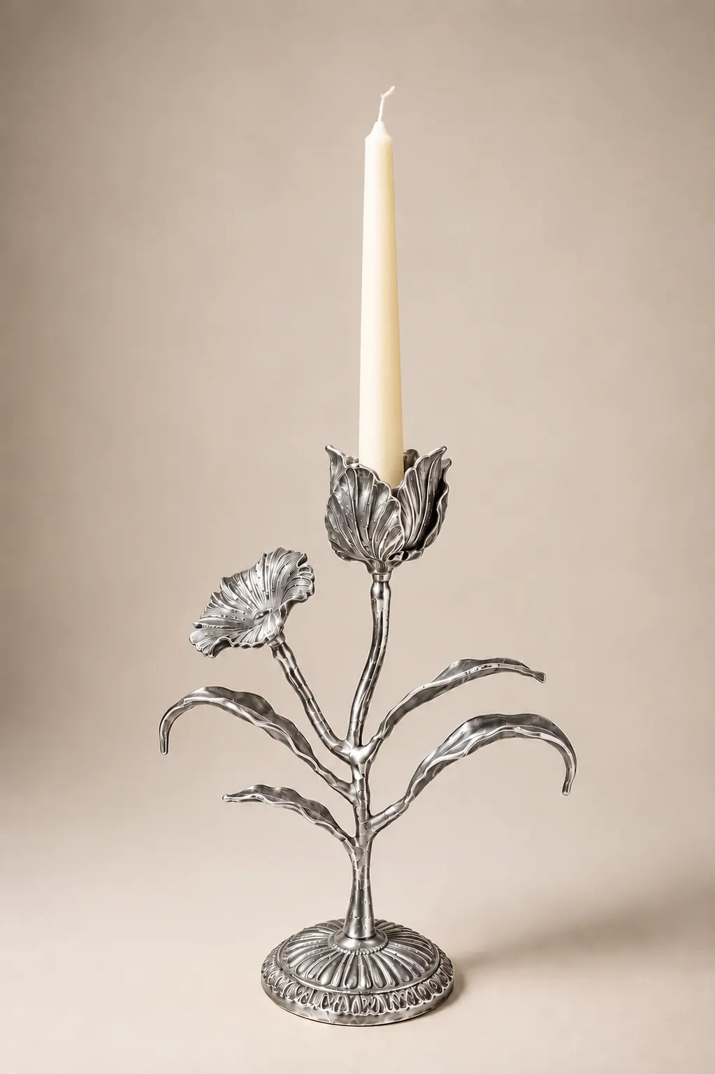 Malar Candle Stand | Blooming Tulip Brass Candle Holder | Silver Finish
