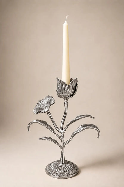 Malar Candle Stand | Blooming Tulip Brass Candle Holder | Silver Finish