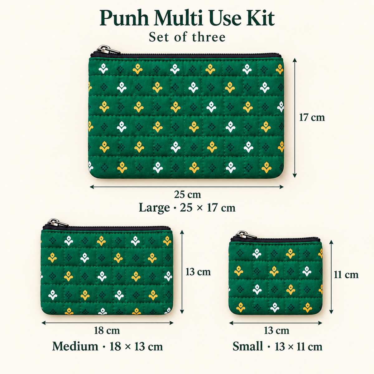 Quilted Cotton Flat Pouches, Set of 3 | Multipurpose Organisers | Punh Pravaah
