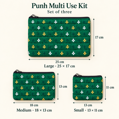 Quilted Cotton Flat Pouches, Set of 3 | Multipurpose Organisers | Punh Pravaah