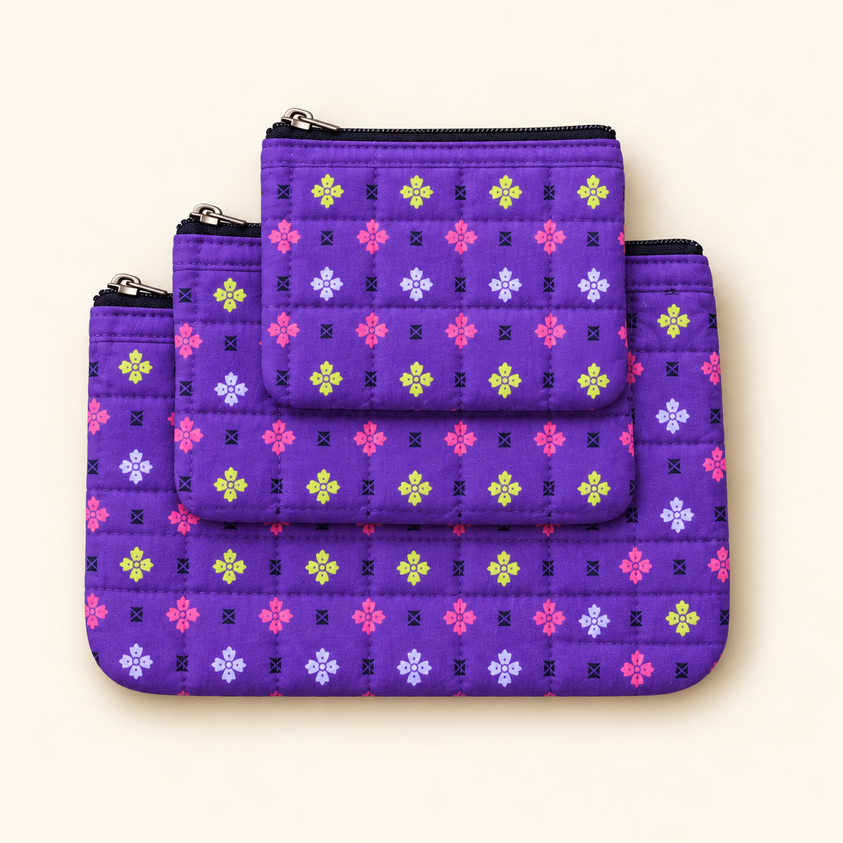 Quilted Cotton Flat Pouches, Set of 3 | Multipurpose Organisers | Punh Pravaah