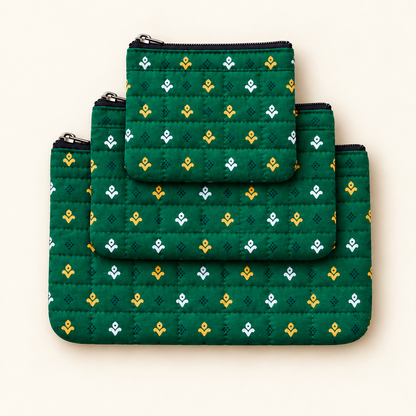 Quilted Cotton Flat Pouches, Set of 3 | Multipurpose Organisers | Punh Pravaah