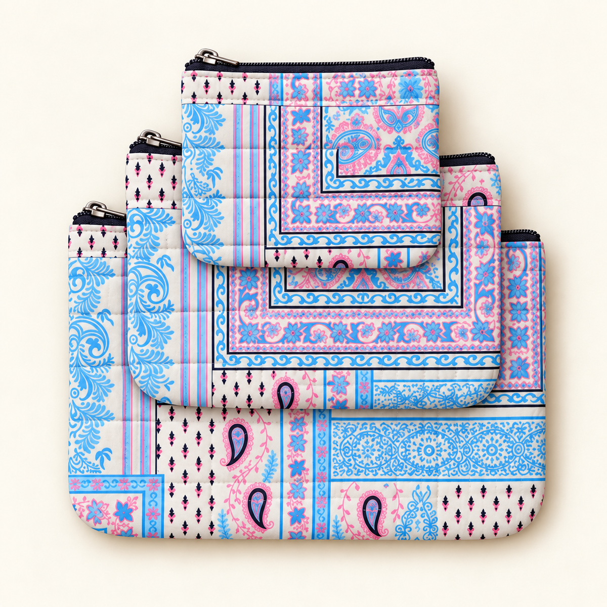 Quilted Cotton Flat Pouches, Set of 3 | Multipurpose Organisers | Punh Pravaah