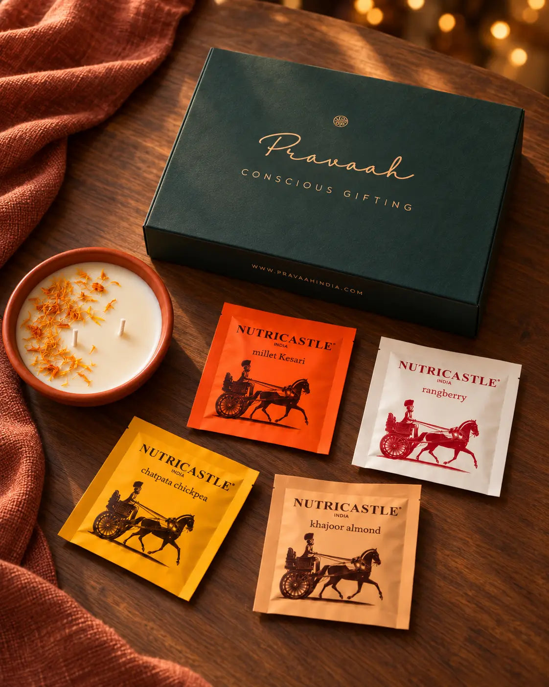 Food &amp; Fragrance Gift Box | Soy Candle &amp; Gourmet Bites Diwali Hamper