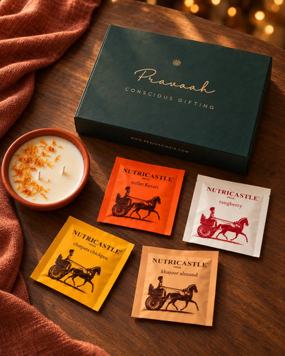 Food &amp; Fragrance Gift Box | Soy Candle &amp; Gourmet Bites Diwali Hamper