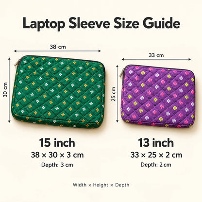 Quilted Cotton Laptop Sleeve with Zip Pocket, 13 &amp; 15 Inch | Punh Pravaah