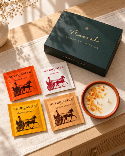 Food &amp; Fragrance Gift Box | Soy Candle &amp; Gourmet Bites Diwali Hamper