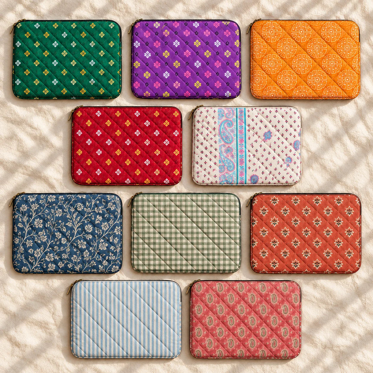 Quilted Cotton Laptop Sleeve with Zip Pocket, 13 &amp; 15 Inch | Punh Pravaah