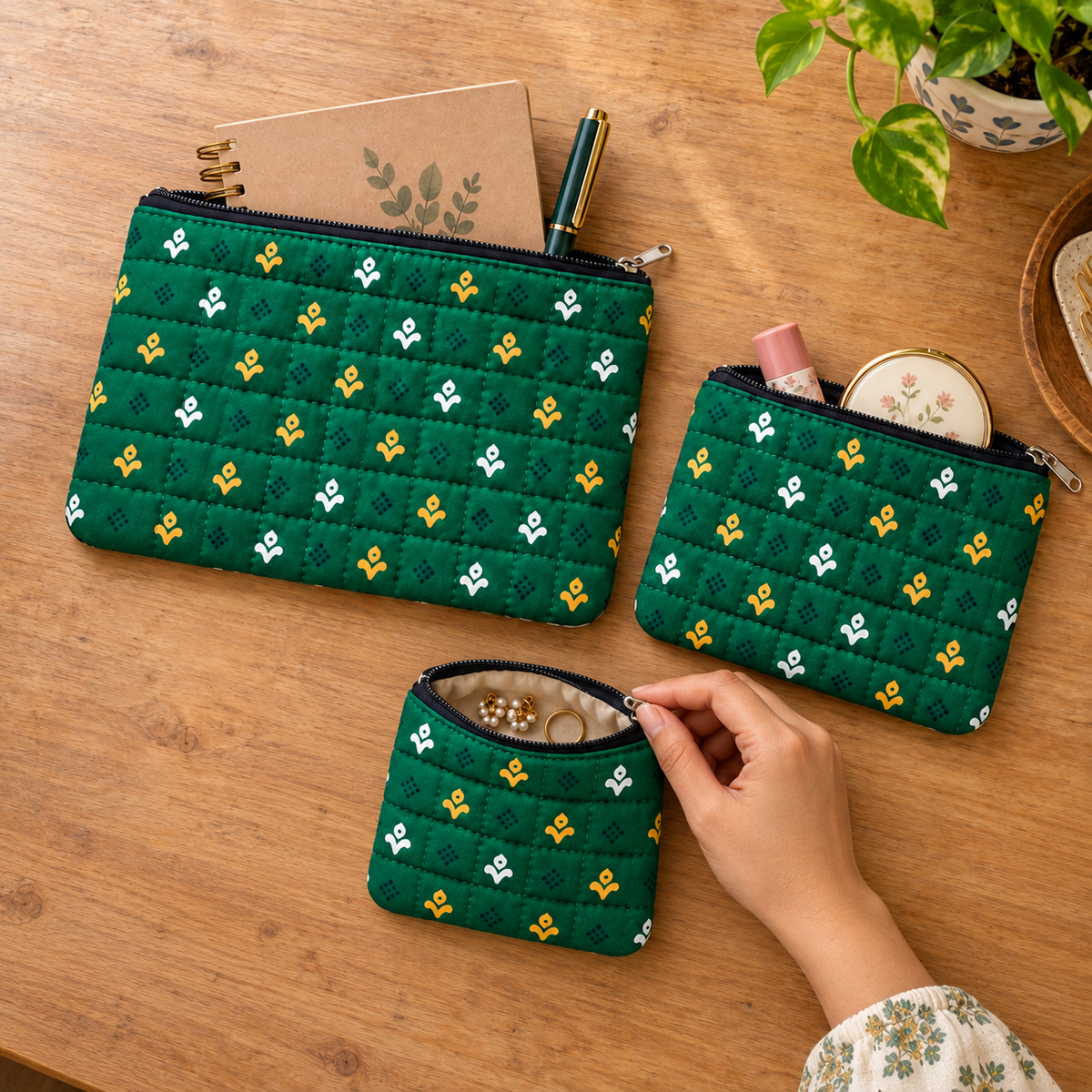 Quilted Cotton Flat Pouches, Set of 3 | Multipurpose Organisers | Punh Pravaah