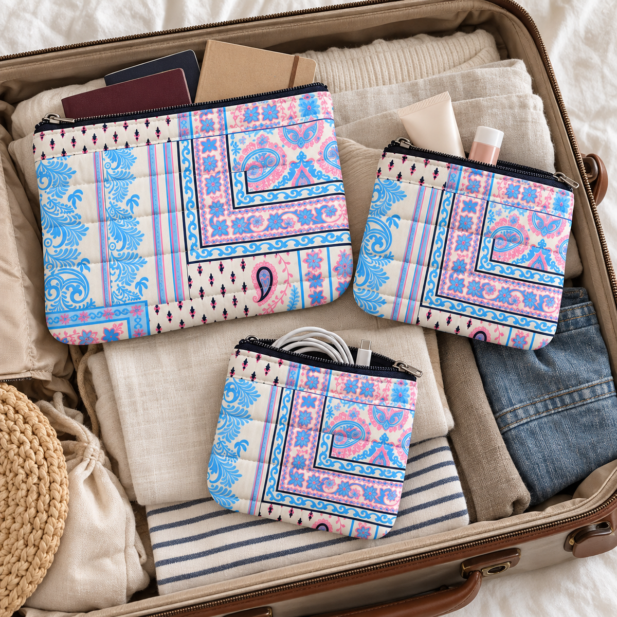 Quilted Cotton Flat Pouches, Set of 3 | Multipurpose Organisers | Punh Pravaah