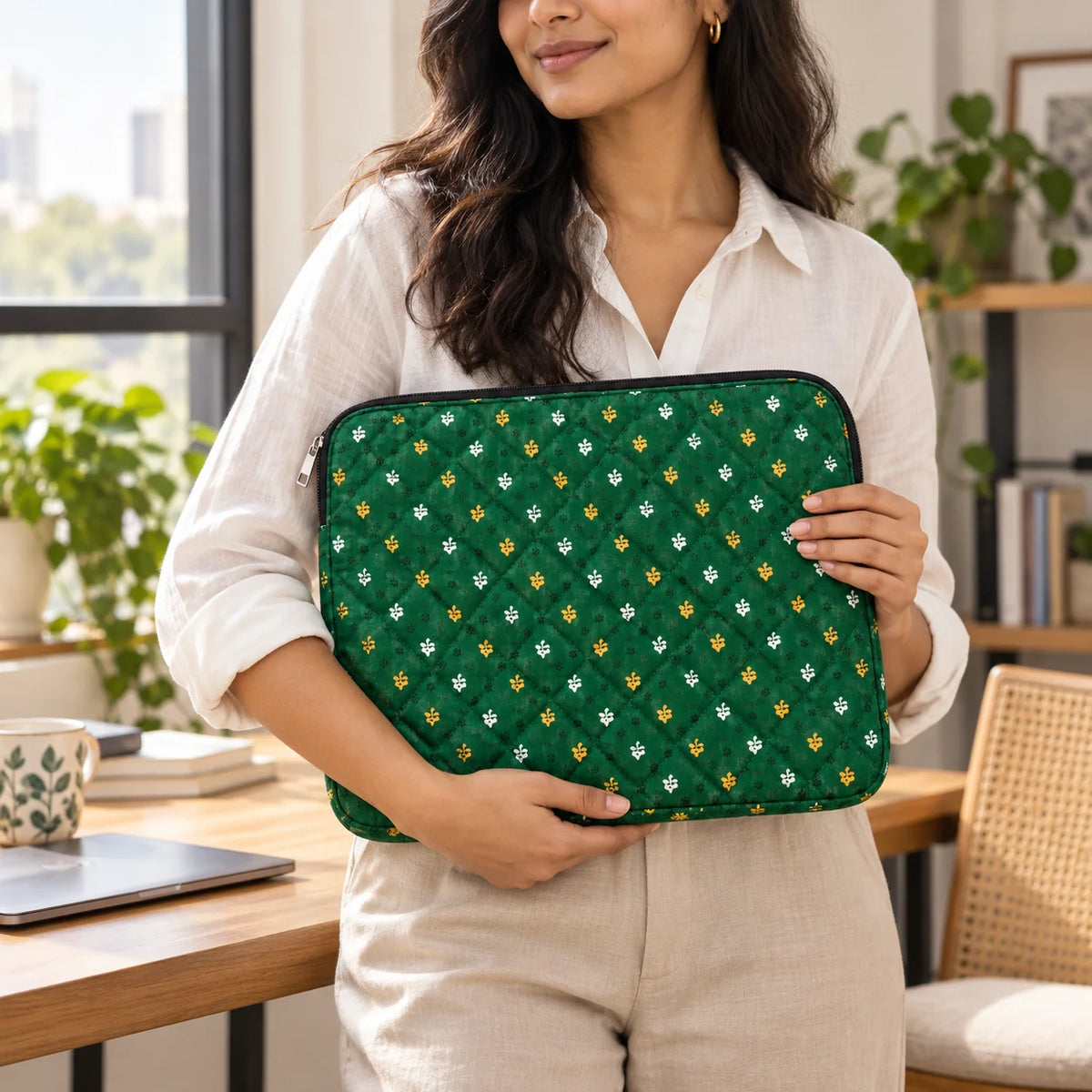 Quilted Cotton Laptop Sleeve with Zip Pocket, 13 &amp; 15 Inch | Punh Pravaah