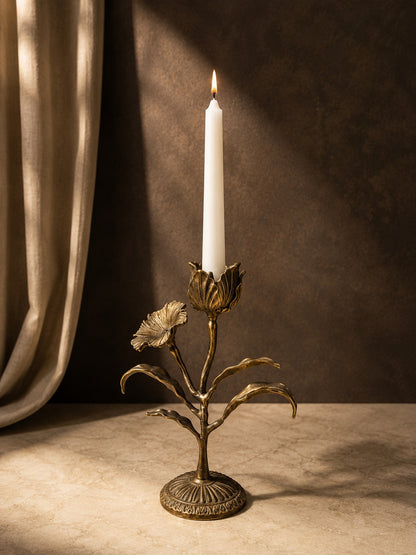 Malar Candle Stand | Blooming Tulip Brass Candle Holder | Gold Finish