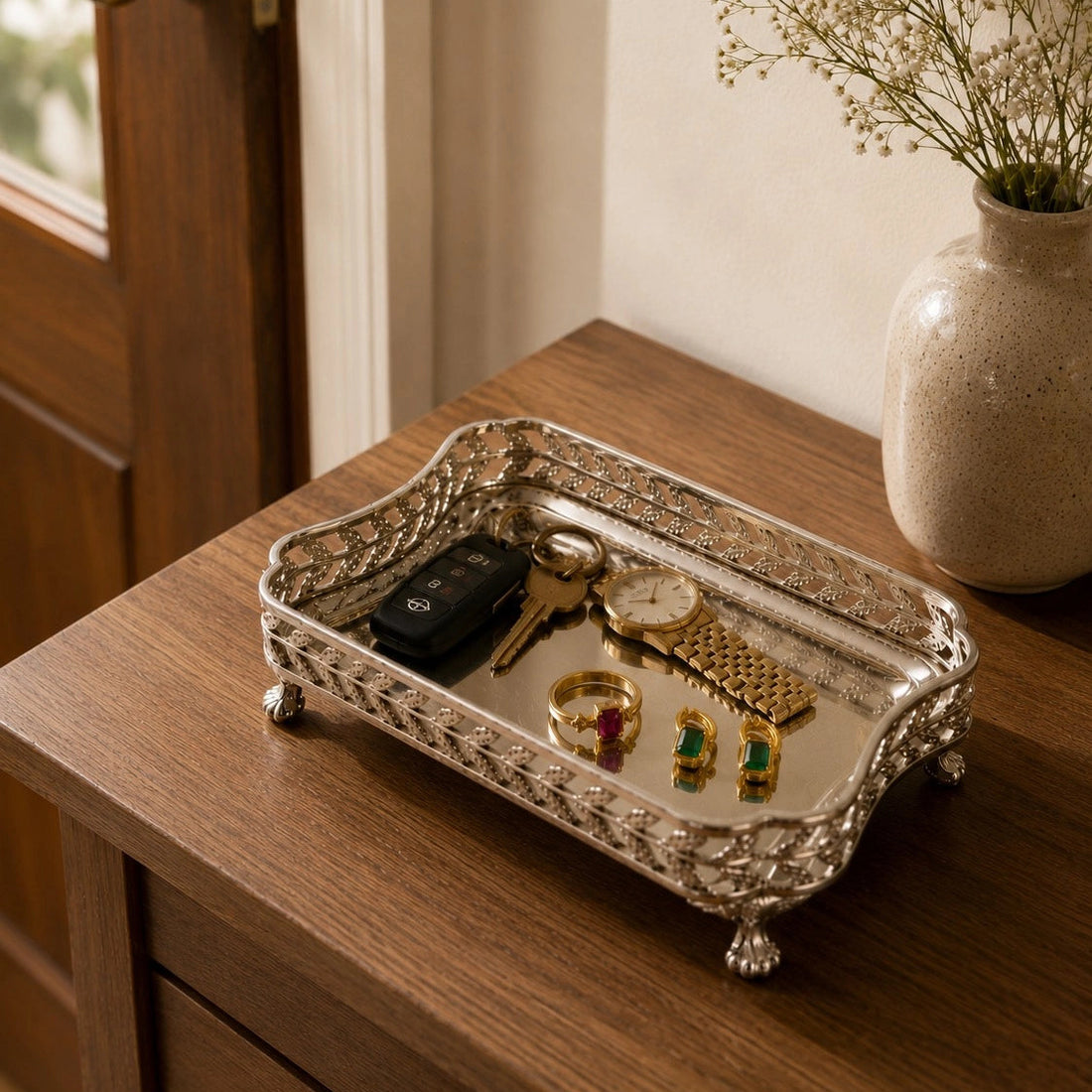 Aangan Brass Multi Use Tray | Nook Trinket Tray | Silver Finish